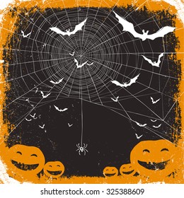 Halloween vector illustration. Spider web, pumpkins and bats