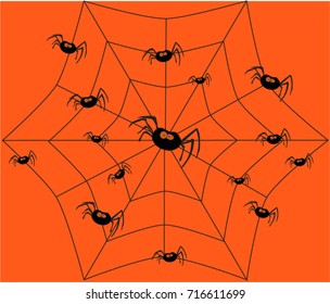 Halloween vector illustration with spiders sitting on spiderweb on orange background. Vector illustration, background.

