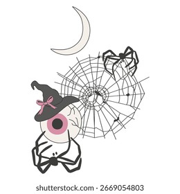 Ilustração do vetor de Halloween com teia de aranha, olho, aranha, chapéu, lua. Perfeito para cartões de decoração, convites, design de t-shirt.

