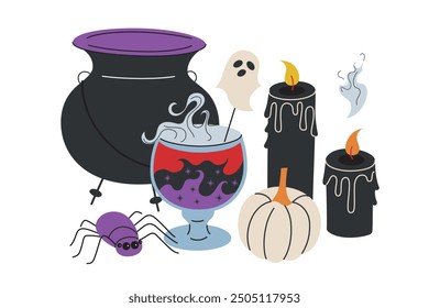 Halloween vector illustration with spooky cocktail drink in glass, mystical potion by large cauldron, ghost, black candles, and spider. Composition for Halloween themed projects, flat cartoon style 