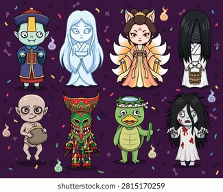 Halloween vector illustration with spooky and cute oriental folklore monsters.	