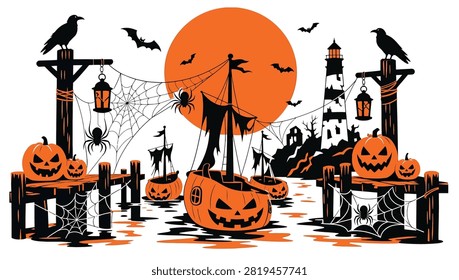 Halloween vector illustration with spooky pumpkin boats sailing on water, jackolanterns, lighthouse, ravens, bats, spider webs, and orange full moon