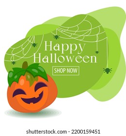 Halloween vector illustration with spooky pumpkins, autumn falling leaves, cute ghost, abstract backdrop and place for text. Use for party invite, poster, greeting card.