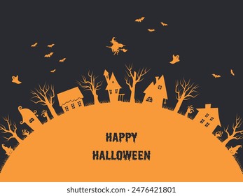 Halloween Vector Illustration. Spooky Village. Orange Silhouettes on Black Background. Halloween Houses, Trees, Witch on broomstick, Ghosts, Bats. Greeting Card Template. Halloween Party Invitation