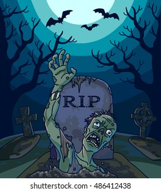 Halloween vector illustration with spooky zombie dead man, moon and grave. Background with scary landscape with graveyard to night. Horror holiday design.