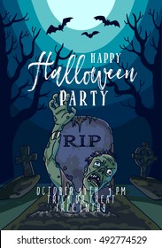 Halloween vector illustration with spooky halloween zombie dead man, halloween moon and grave. Halloween Background with scary landscape with halloween tonight.  Poster halloween party invitation
