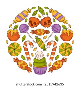 Halloween vector illustration, square poster with round shape geometric figure. Sweets from lollipop, candy cane, skull shape cherry. Holiday october postcard for social media, holiday, greeting card