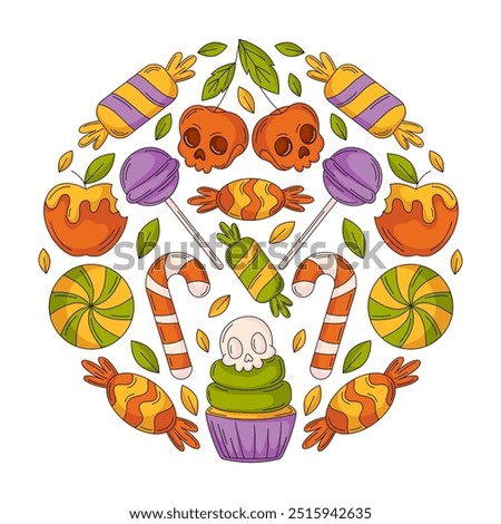 Halloween vector illustration, square poster with round shape geometric figure. Sweets from lollipop, candy cane, skull shape cherry. Holiday october postcard for social media, holiday, greeting card