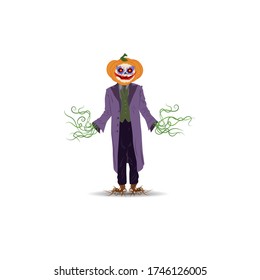 Halloween vector illustration. A stuffed pumpkin in a cloak on a white background with leaves instead of arms and legs.