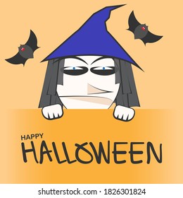 Halloween vector illustration suitable for cards banners and symbols, With Witch cartoon character on a orange background.	