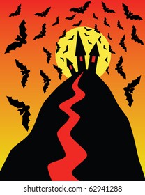 Halloween vector illustration with sunset, bats, hill, houses