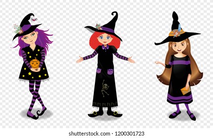 Halloween vector illustration of three young witch girls characters in hats and costumes isolated on transparent ackground. Cute cartoon witches, clip art for greeting card, invitation, festive design