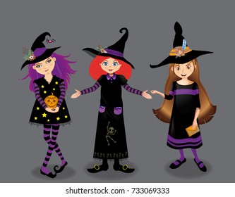 Halloween vector illustration of three young witch girls characters in hats and costumes isolated on gray background. Cute cartoon witches, clip art for greeting card, invitation, festive design.