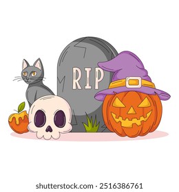 Halloween-Vektorgrafik. Grabstein mit Phrasenriss, schwarze Katze, Schädel, Kürbis in Hexenzauberhut, Apfel. Quadratische Karte für Social Media, Print, Aufkleber oder Poster. Gruselige und unheimliche Komposition