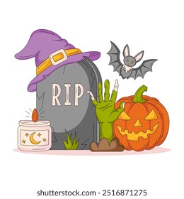 Halloween vector illustration. Tombstone with phrase rip, witch magic hat, zombie hand, pumpkin, bat and candle. Square card for social media, print, sticker or poster. Scary and spooky composition