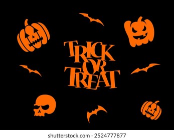 Halloween vector illustration with trick or treat lettering with glue bats and pumpkins on a black background