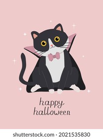 Halloween vector Illustration with vampire cat. Cute cat on pink background. Vector print for greeting card, poster, invitation or other printable designs.