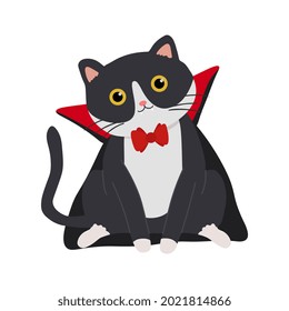 Halloween vector Illustration with vampire cat. Cute cartoon cat on white background. Vector print for greeting card, poster, invitation or other printable designs.