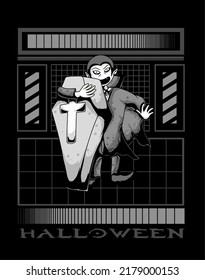 halloween vector illustration, vampire illustration, horror, monochrome color, geometric background, perfect for printing on t-shirts, apparel, merchandise, halloween party favors