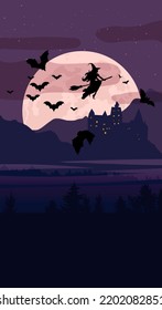 Halloween vector illustration. Whitch on full moon background, bat silhouette, Dracula's castle, hign mountains. Cartoon, stories template, vertical background for social media. Halloween scene.