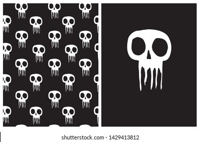 Halloween Vector Illustration with White Abstract Skulls. Human Skull Vector Pattern.Hand Drawn Skeleton Head Isolated on a Black Grunge Background. Scary Skull for Halloween Card, Poster, Decoration.