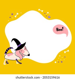 Halloween vector illustration. Witch with blot frame in cartoon style. Template with cute character for your text or photo. Ideal for cards, party invitations, preschool and baby nursery decorations.