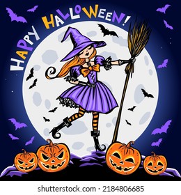 Halloween vector illustration, witch with broom, scary pumpkins, bats and text Happy Halloween.