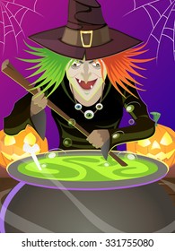 Halloween vector illustration witch with cauldron