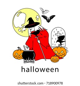 Halloween vector illustration. Witch, cauldron, pumpkin, full moon, bats, crows, tombstone on a white background.