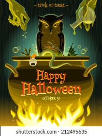 Halloween vector illustration - witch cooks poison potion in cauldron