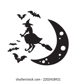 Halloween vector illustration witch flying over moon and bats ready for print, Cricut or Caneo Silhouette.