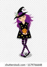 Halloween vector illustration of witch girl with purple hair in hat and costume isolated on transparent background. Cute cartoon enchantress clip art for greeting card, invitation, festive design.