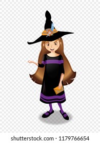 Halloween vector illustration of witch girl with long brown hair in hat and costume isolated on transparent background. Cute cartoon enchantress clip art for greeting card, invitation, festive design.