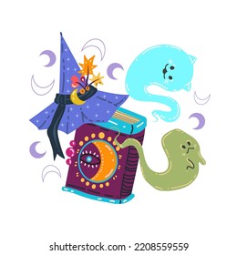 Halloween vector illustration. Сomposition with witch hat, magic book, ghosts. Posters and prints for tee, flat art, cartoon style