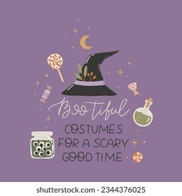 
Halloween vector illustration with witch hat. Composition for a poster or postcard.