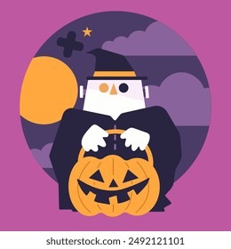 Halloween vector illustration witch holding a pumpkin bucket