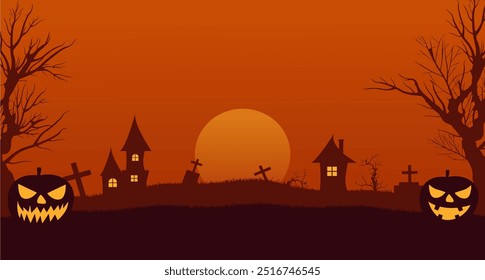 Halloween vector illustration with witch house background and graveyard under dry tree, and spooky pumpkin. suitable for advertising animation, promotion or Halloween greeting.