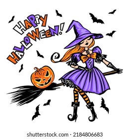 Halloween vector illustration, witch on broom, scary pumpkins, bats and text Happy Halloween.