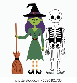 A Halloween vector illustration of a witch and a skeleton. The witch has a green dress, a pointy hat, and a broomstick. The skeleton is wearing a tattered outfit. They are standing next to a