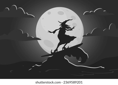 Halloween vector illustration with Witch surfer. Retro cartoon style poster, tropical spooky background.