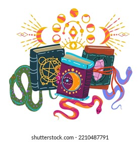 Halloween Vector Illustration. Сomposition With Witchcraft Books, Grimoires, Snakes. Posters And Prints For Tee, Flat Art, Cartoon Style