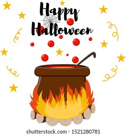 Halloween vector illustration with a witch's cauldron, bubbles, lettering. Happy Halloween