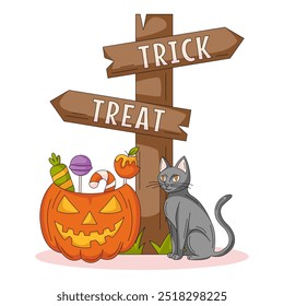 Ilustración vectorial de Halloween. Señal de dirección de madera con texto truco o trato, calabaza con dulces, gato negro. Tarjeta cuadrada para redes sociales, impresión, pegatina o cartel. Composición aterradora y espeluznante