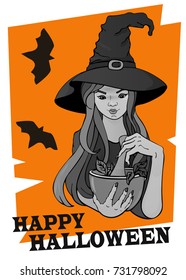 Halloween vector illustration. Young funny cartoon black and white witch on orange background. Grayscale vintage and retro style. Halloween party banner.