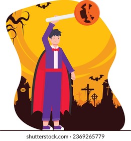 Halloween vector illustration. Young man in a vampire costume with a magic wand.