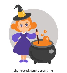 Halloween vector illustration of young witch girl boiingl a potion in a cauldron. Isolated on white.