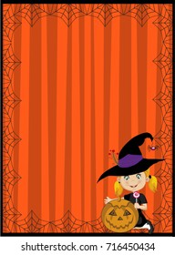 Halloween vector illustration of young witch with pumpkin on orange striped background framed with spiderweb and space for text.
