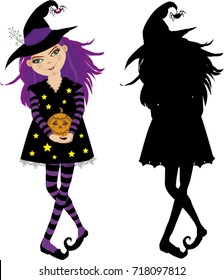 Halloween vector illustration of young witch with pumpkin and black silhouette of witch isolated on white  background . Cute cartoon witch vector illustration. 