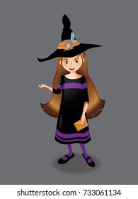 Halloween vector illustration of young witch with beautiful long hair and brown eyes isolated on grey background. Cute cartoon witch vector illustration, clip art.