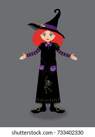 Halloween vector illustration of young witch with curly ginger hair and blue eyes isolated on grey background. Cartoon witch illustration, clip art.